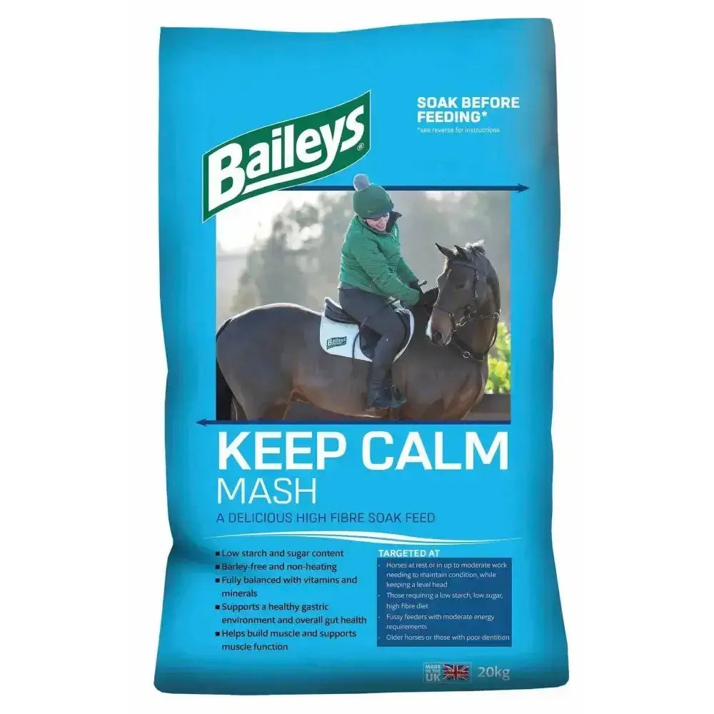 Baileys keep calm quick-soaking high fibre feed in 20kg blue bag with green logo and rider on dark brown horse