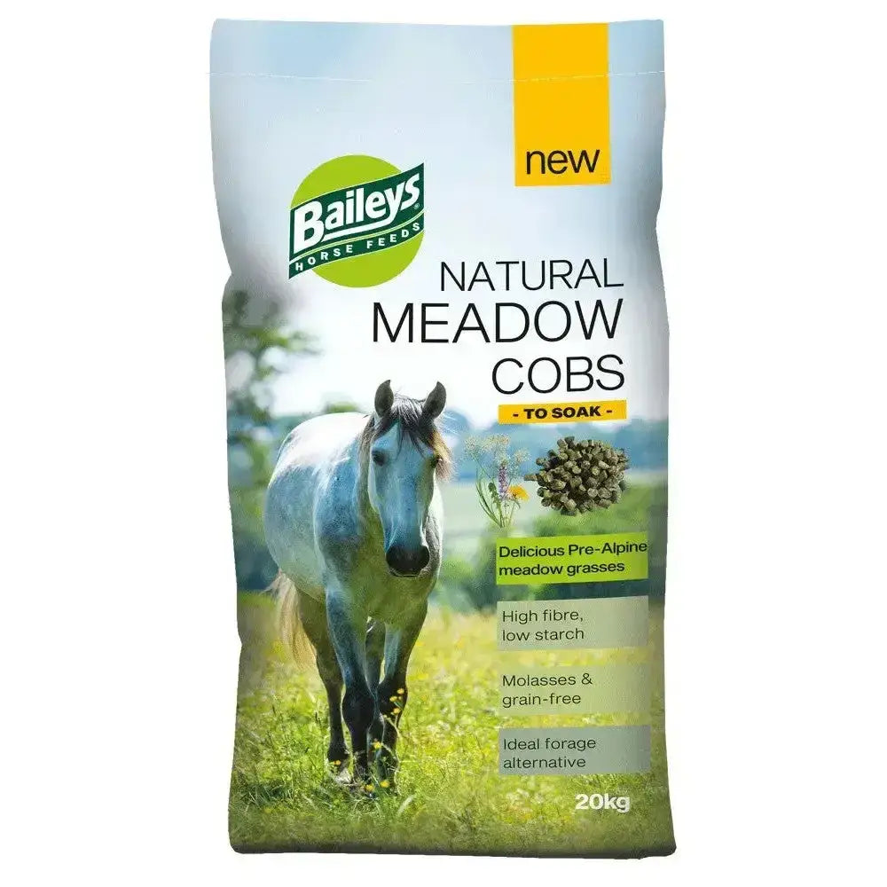 Baileys natural meadow hay cobs 20kg bag with white green packaging and grey horse image for horse feed