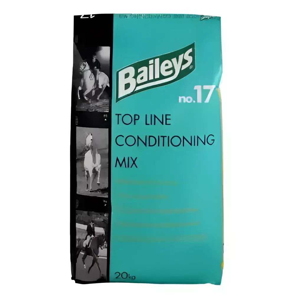 Baileys No 17 top line conditioning mix horse feed in a teal bag with black and white horse art and white text