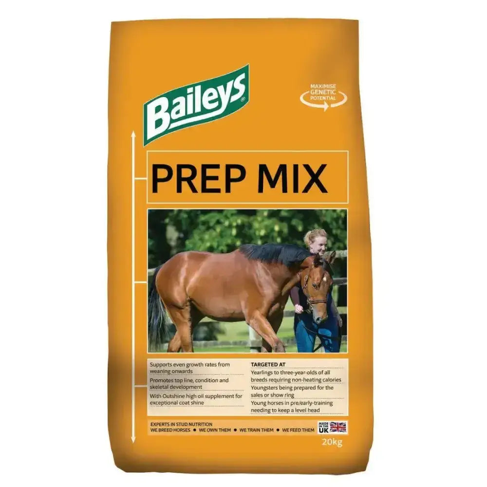 Baileys no 18 prep mix horse feed bag orange color with black and green branding for equestrian use 20kg