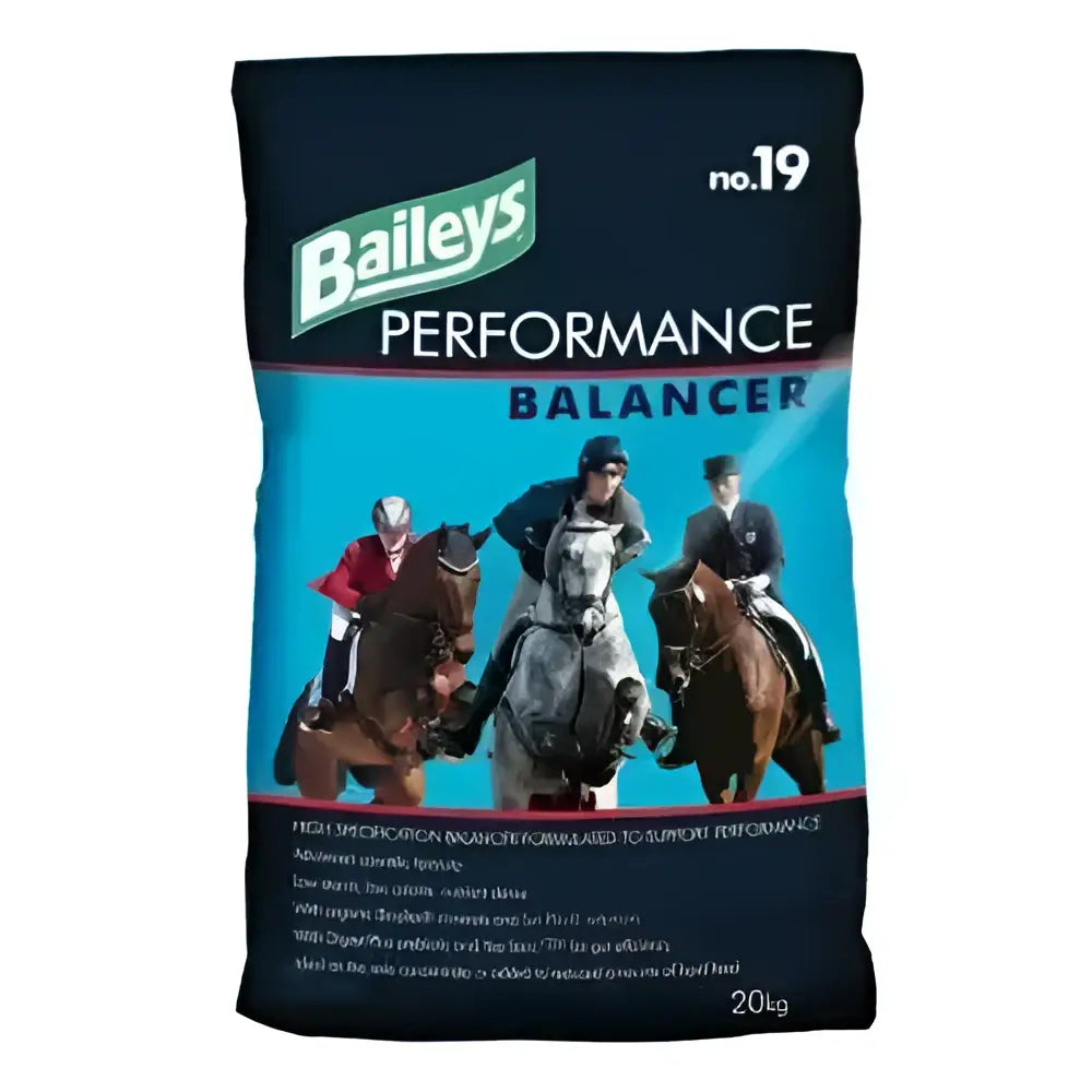 Baileys no 19 performance balancer horse feed in dark blue and teal bag with high specification nutrition and three riders image