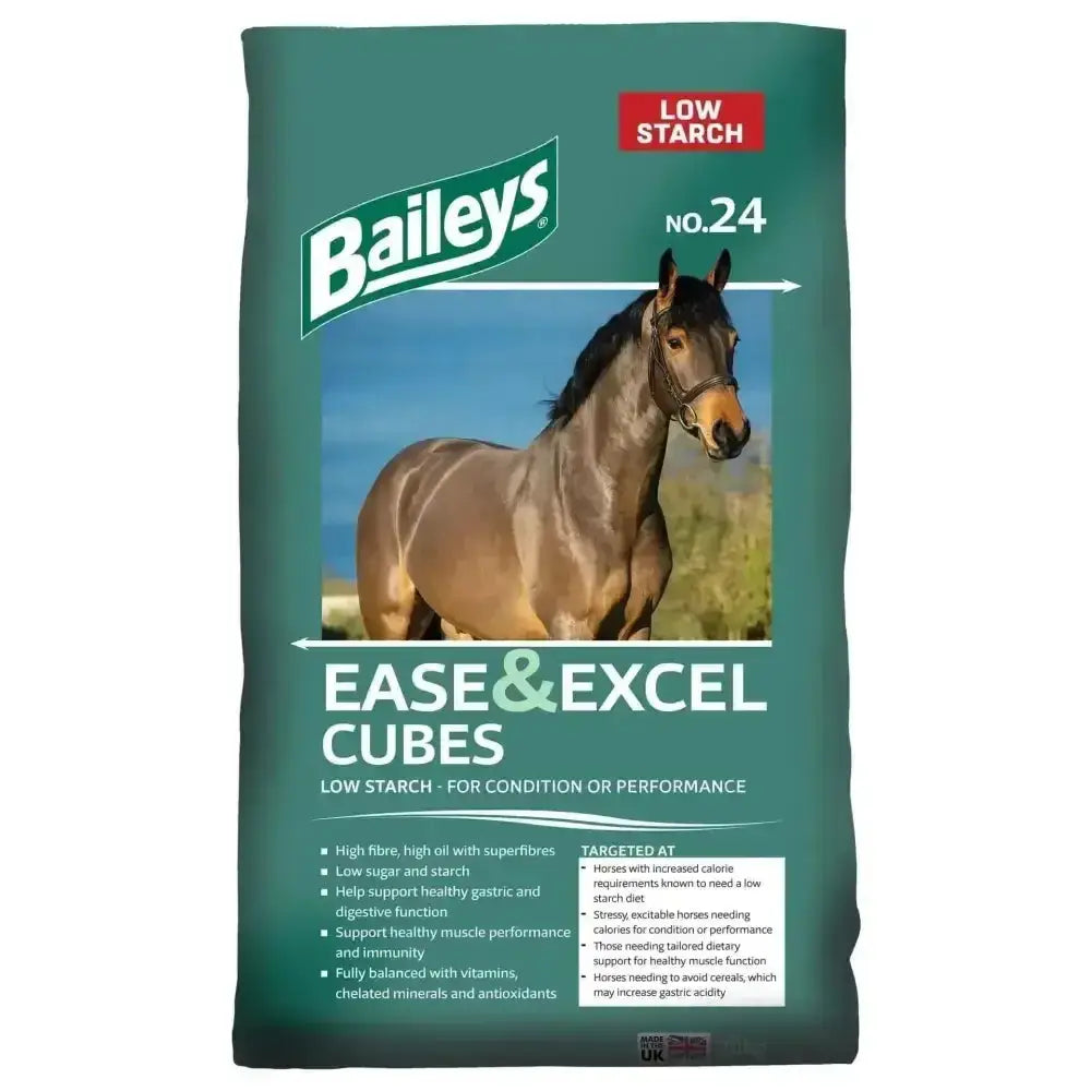 Baileys no 24 ease and excel cubes in green bag with brown horse image offering slow release energy high fibre formula