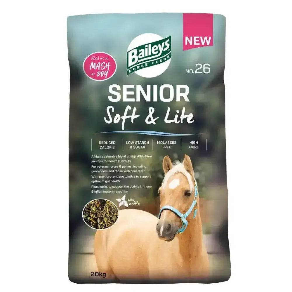 Baileys senior soft 20kg bag with high fibre blend low starch feed featuring a light brown pony with blue halter