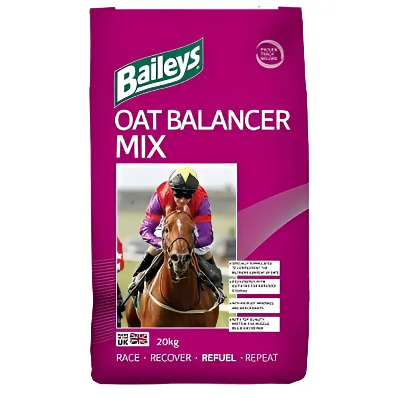 Baileys oat balancer mix 20 kg vibrant magenta bag with jockey image ideal for oat based diets