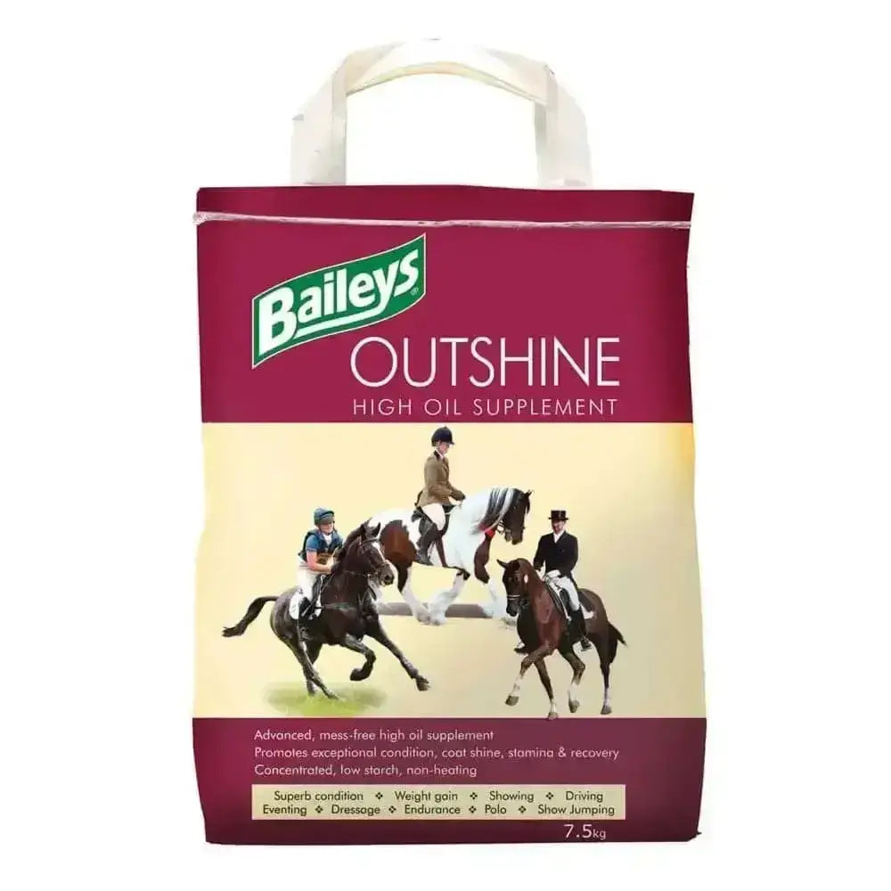 Baileys Outshine high oil supplement in maroon and cream bag with horse rider illustration for outstanding coat shine