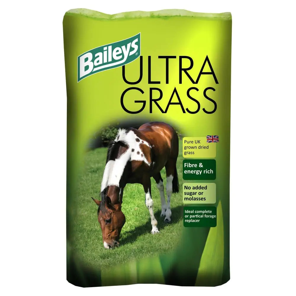 Baileys ultra grass 18kg vibrant lime green bag with brown and white horse grazing high temperature dried grass