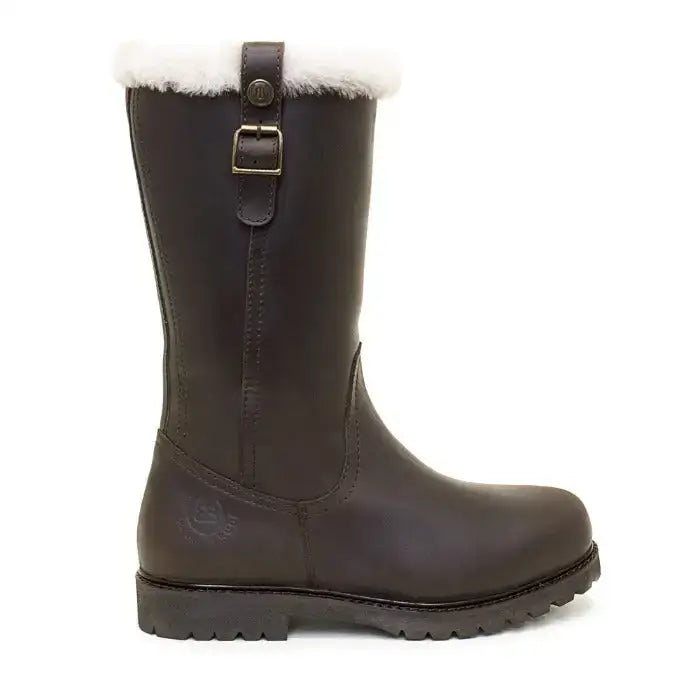 Dark brown bareback footwear alaska storm waterproof boots with cosy sheep wool faux fur lining and brass buckle detail