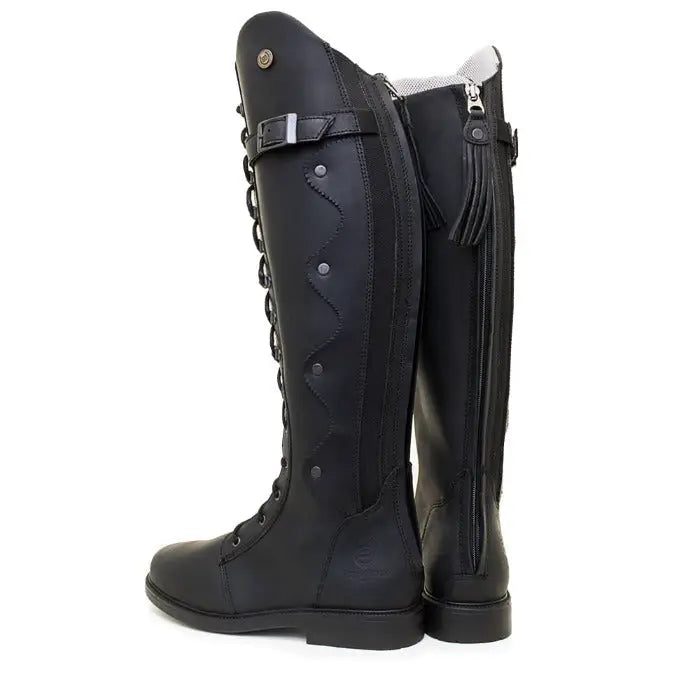 Bareback footwear andalucia boots black show the back with sleek tall black leather design laces side zipper and sheepskin insole