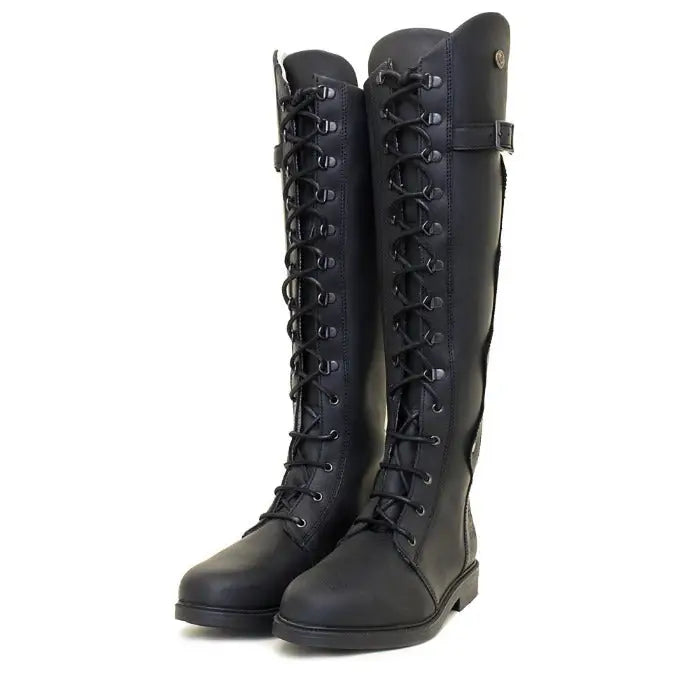 Bareback footwear andalucia boots black leather knee-high with laces buckle strap and sheepskin insole moisture wicking