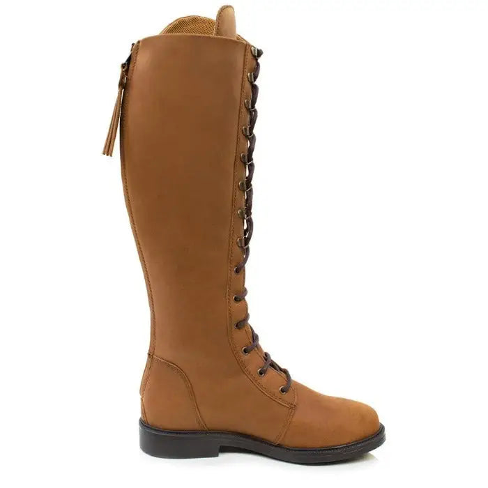Back view of tan leather bareback footwear andalucia boots desert with dark brown laces and rear opti zip