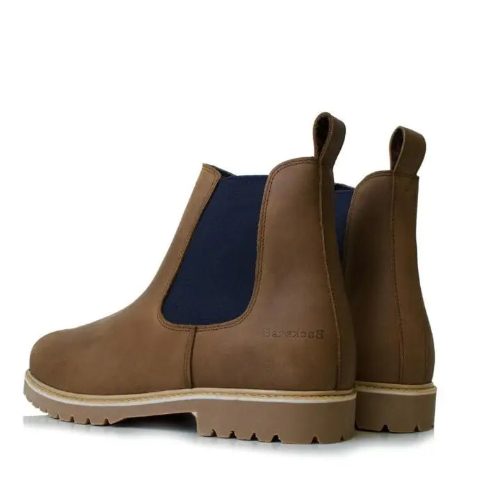 Brown leather bareback footwear brooklyn chelsea boots with navy elastic panels and chunky tan anti-slip sole