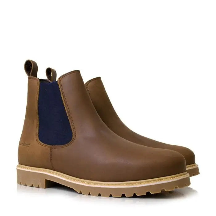 Bareback footwear brooklyn desert boots in brown leather with navy elastic side panels and tan anti-slip rubber soles
