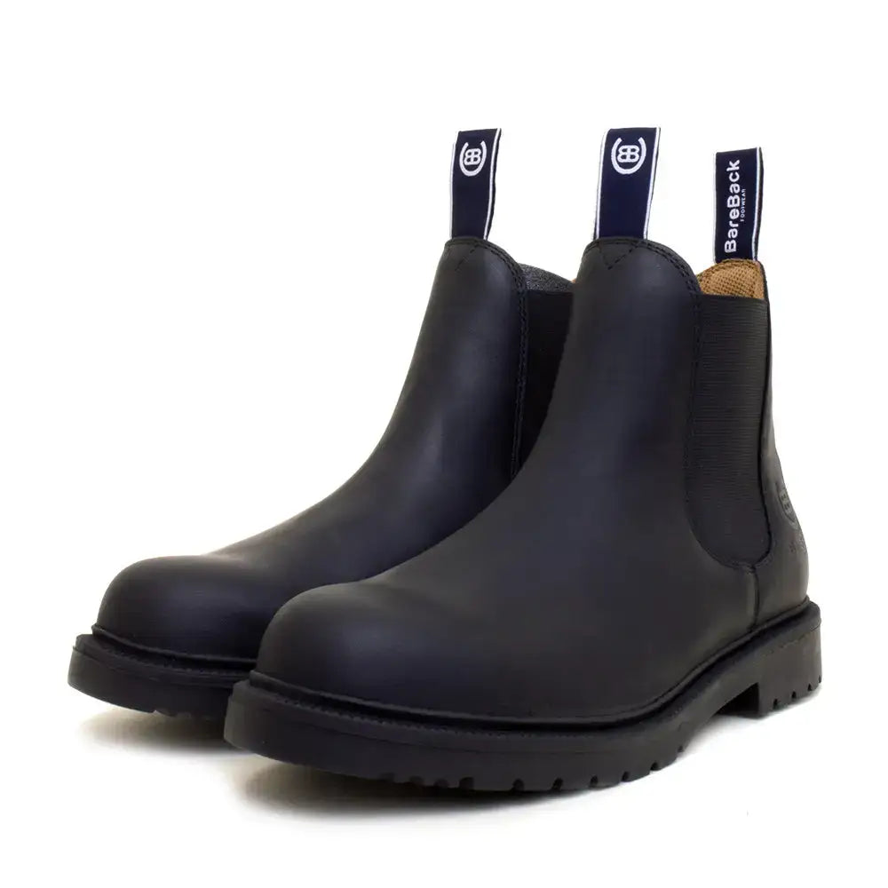 Black leather bareback footwear detroit steel toe cap work boots with chunky sole and pull tabs visible from the back