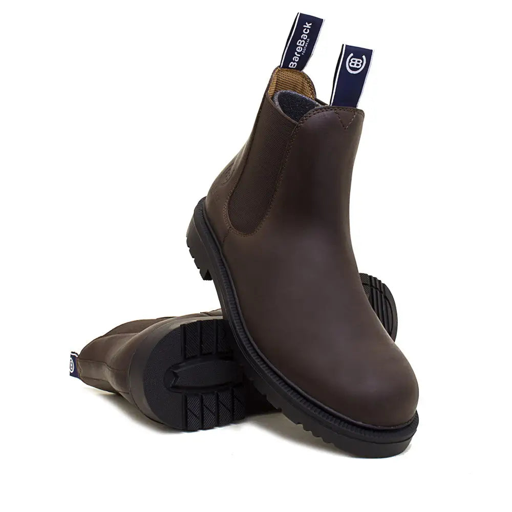Brown leather bareback footwear detroit steel toe cap work boots with black rubber soles and brand tags