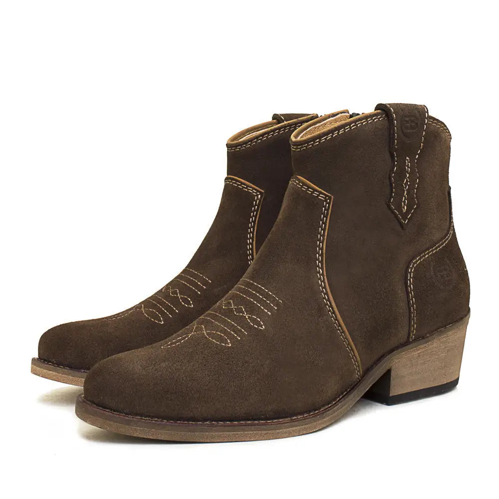 Brown soft suede cowboy boots with light stitching and wooden block heel by bareback footwear dixie hand-stitched leather boots
