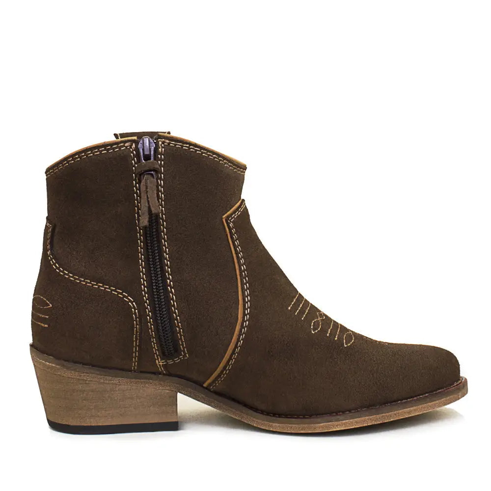 Brown suede ankle boot with low block heel and hand-stitched detailing from bareback footwear dixie cowboy boots
