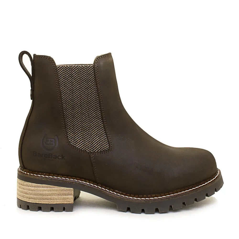 Dark brown leather franklin chelsea boots by bareback footwear with herringbone elastic side panel and textured heel
