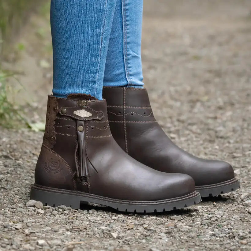 Brown leather ankle boots with stitched design and tassel from bareback footwear hudson in ankle boots chocolate