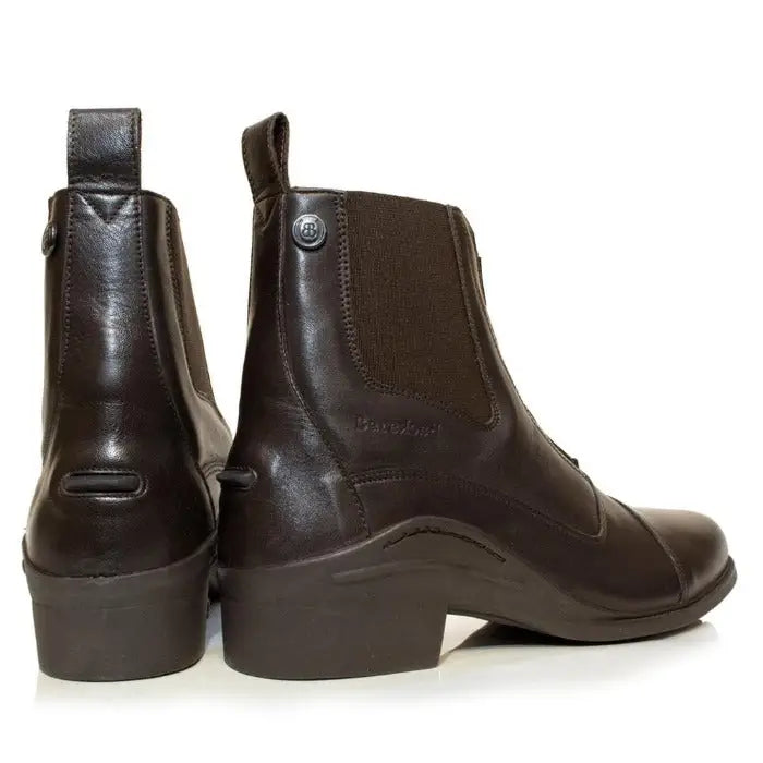 Dark brown leather bareback footwear idaho jodhpur boots with low block heel and elastic side panels