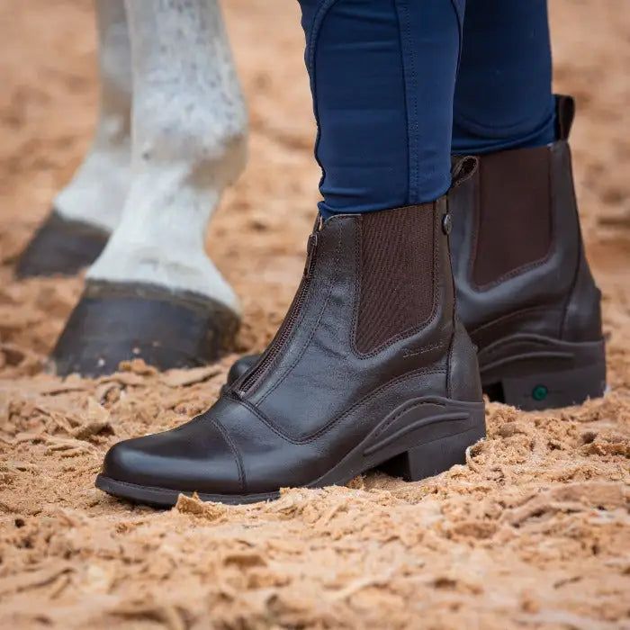 Dark brown leather idaho jodhpur boots with front zipper and elastic sides by bareback footwear idaho