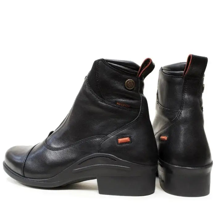 Black leather idaho storm waterproof jodhpur riding boots by bareback footwear with low heel and orange accents
