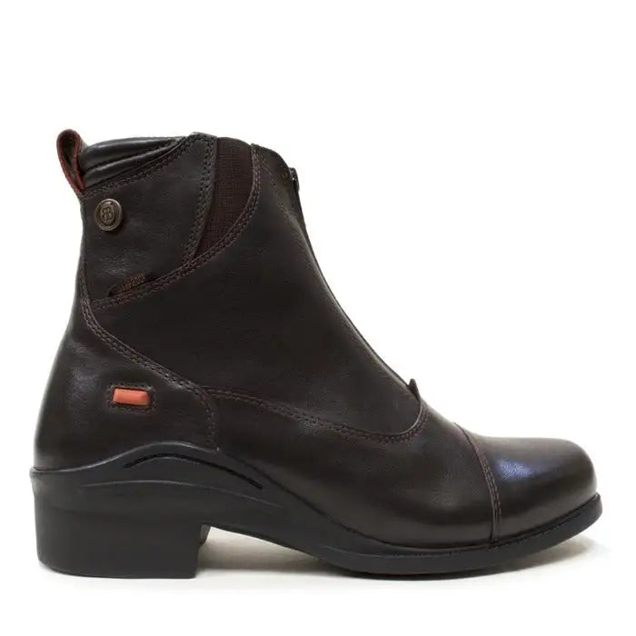 Dark brown leather bareback footwear idaho storm waterproof jodhpur riding boot with low block heel and orange accents