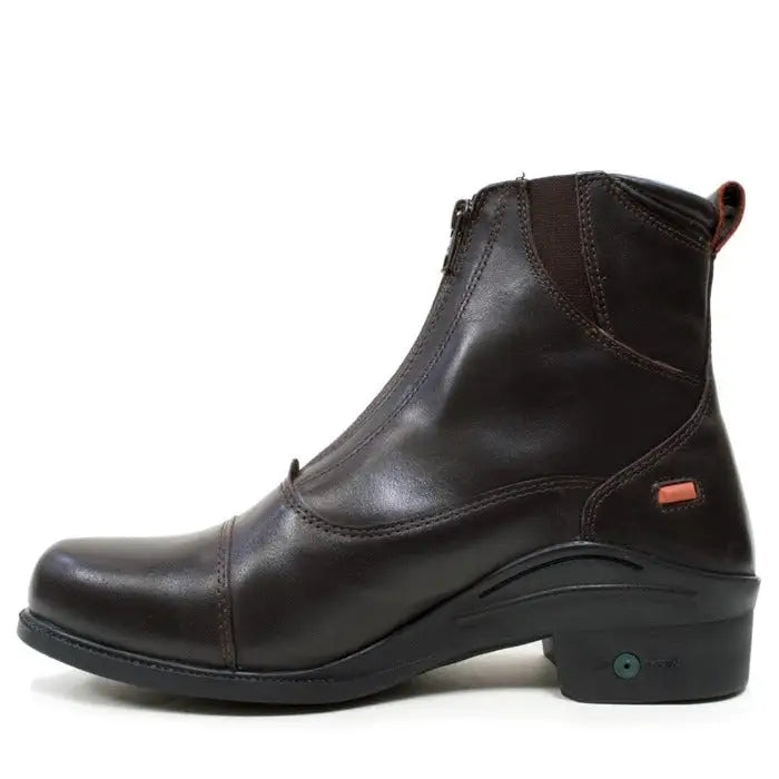 Dark brown leather bareback footwear idaho storm waterproof jodhpur boot with inner zipper and orange pull tab visible from back