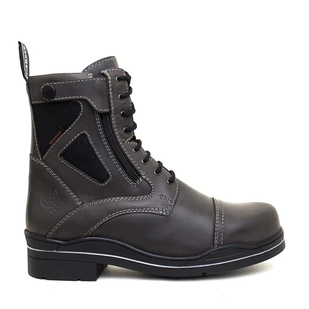 Dark gray leather bareback footwear kentucky storm waterproof ankle boot with black mesh panels and white stitching back view