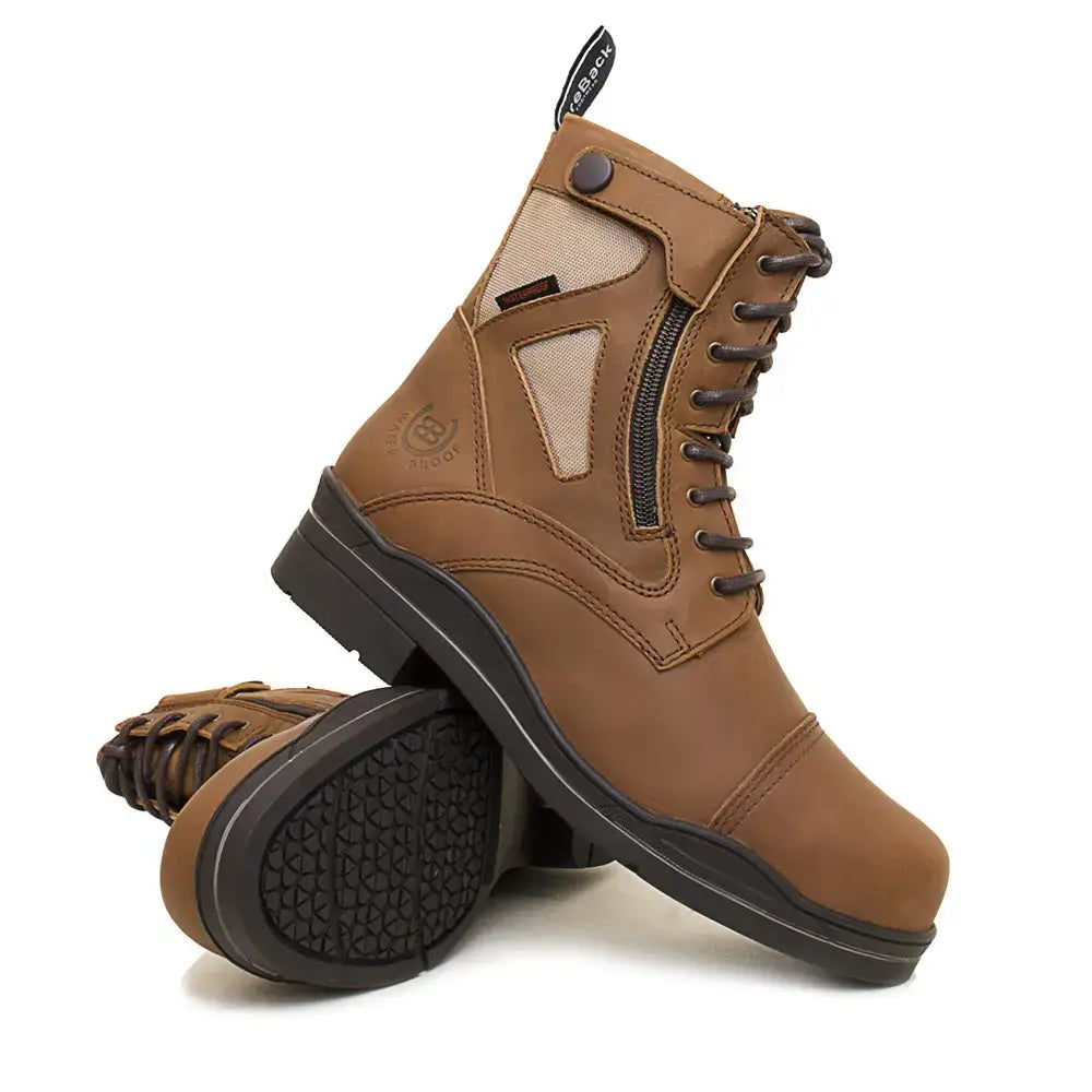 Brown leather bareback footwear kentucky storm waterproof jodhpur boots with tan mesh panels and side zipper