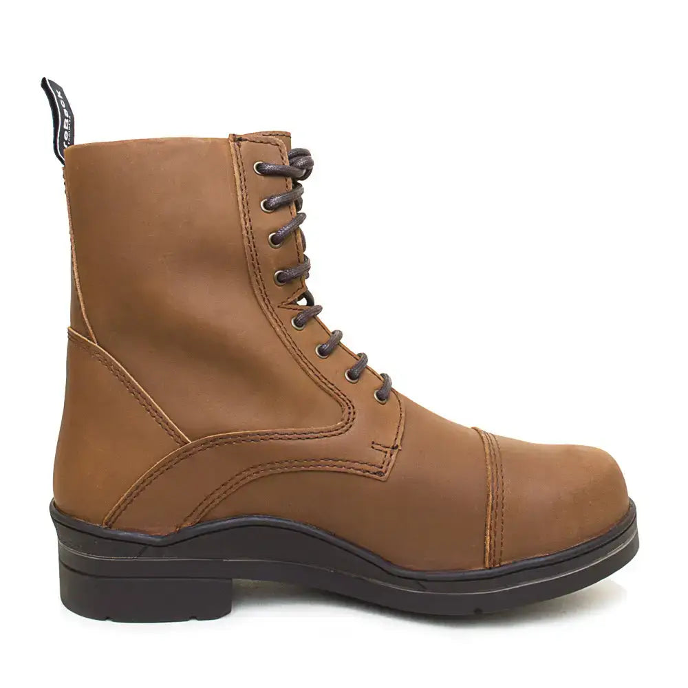 Tan leather kentucky storm waterproof jodhpur boots with dark brown laces and black rubber sole mocha color