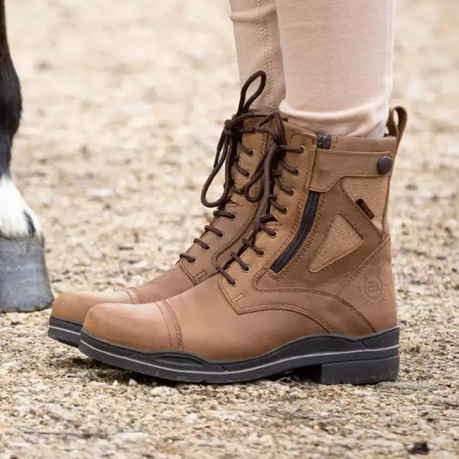 Tan leather storm waterproof jodhpur boots with dark brown laces and black rubber sole by bareback footwear