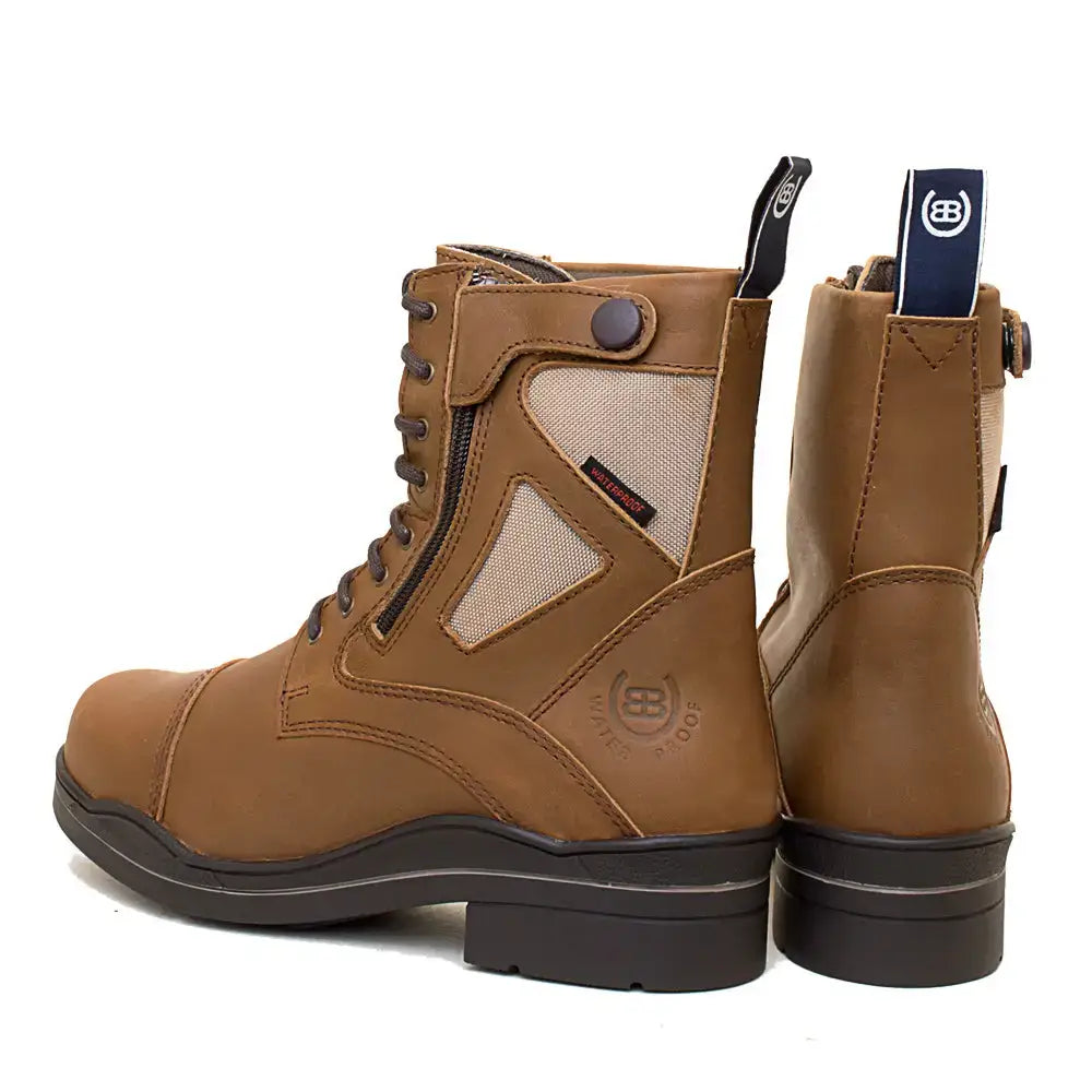 Brown leather kentucky storm waterproof jodhpur boots with mesh panels and black rubber soles in mocha color