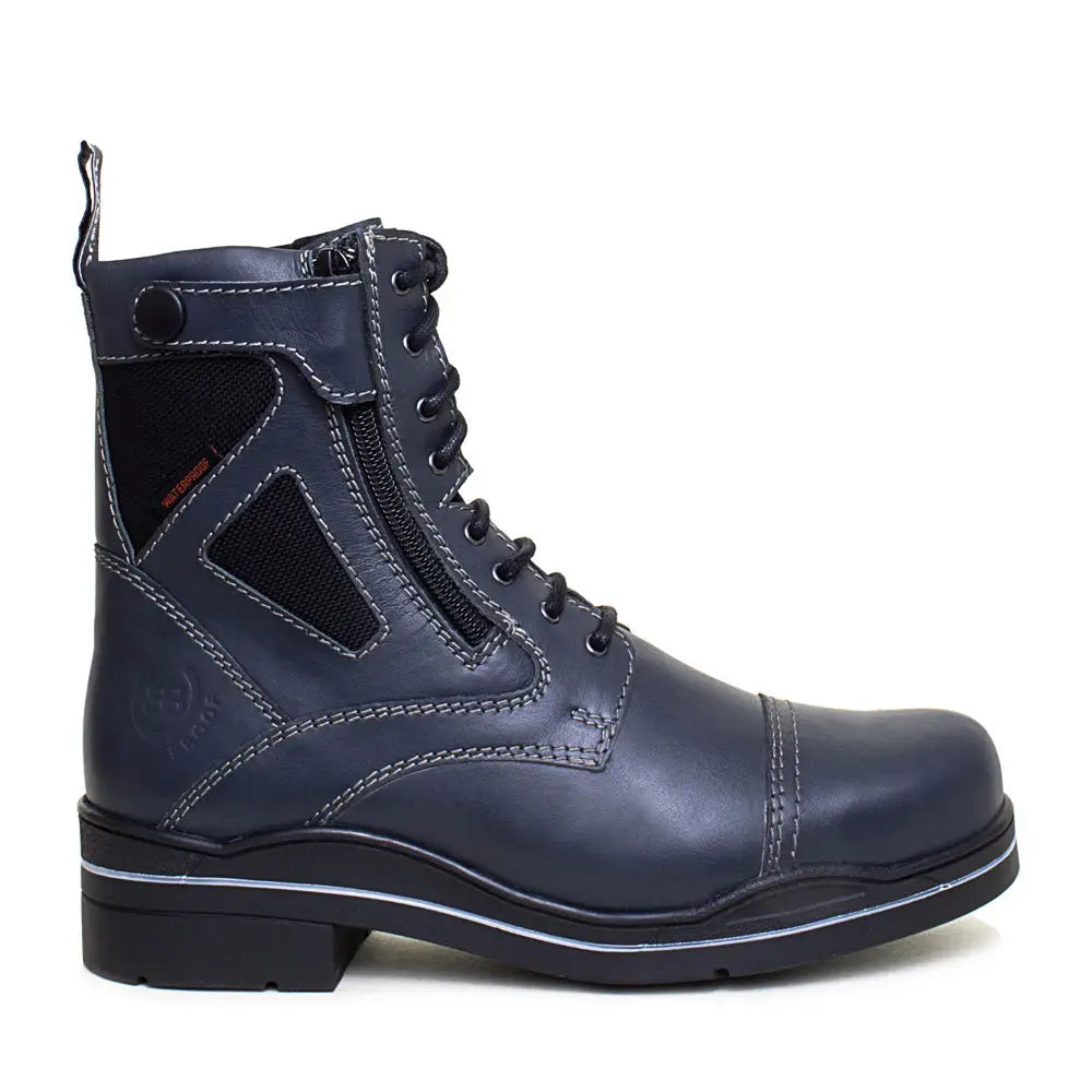 Dark blue leather bareback footwear kentucky storm waterproof jodhpur boots with black laces and ventilation panels