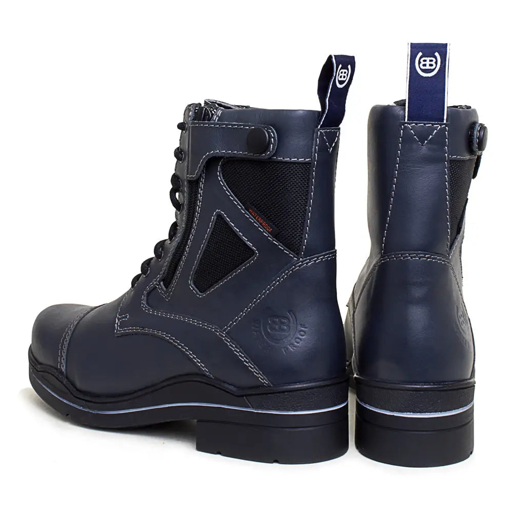 Dark navy leather waterproof jodhpur boots with black laces mesh panels and sturdy sole from bareback footwear kentucky storm