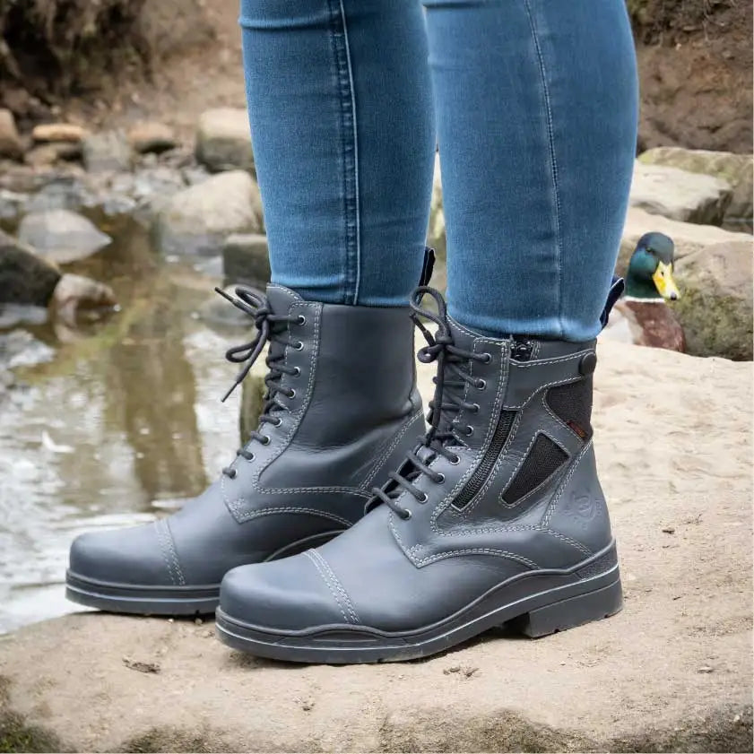 Dark gray leather waterproof jodhpur boots with black laces and mesh panels from bareback footwear kentucky storm