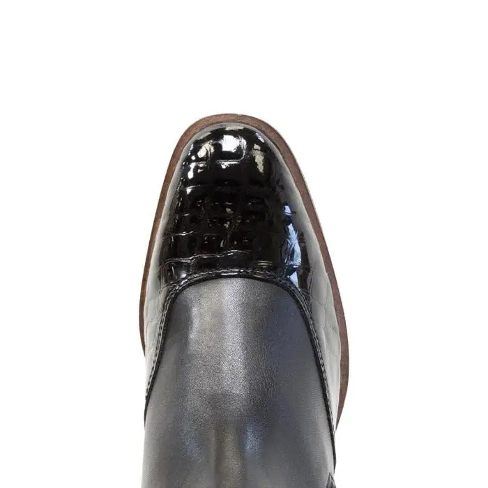 Black bareback footwear milan long dress riding boot with glossy crocodile patent toe and brown sole