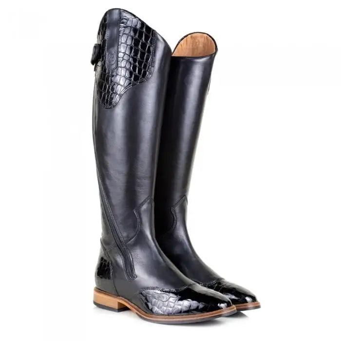 Black bareback footwear milan long dress riding boots with glossy crocodile-embossed leather accents on back and toe cap