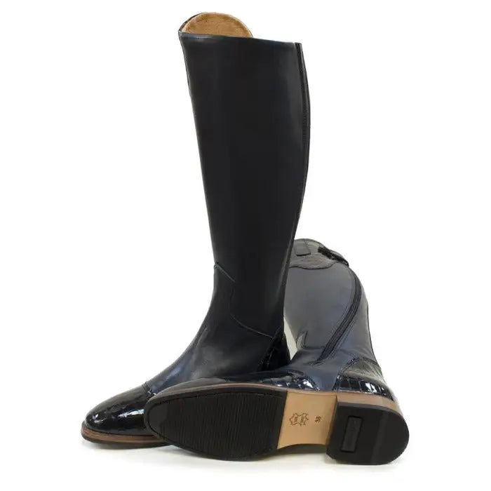 Black patent leather bareback footwear milan long dress riding boots blue with glossy crocodile-embossed heel shown from back