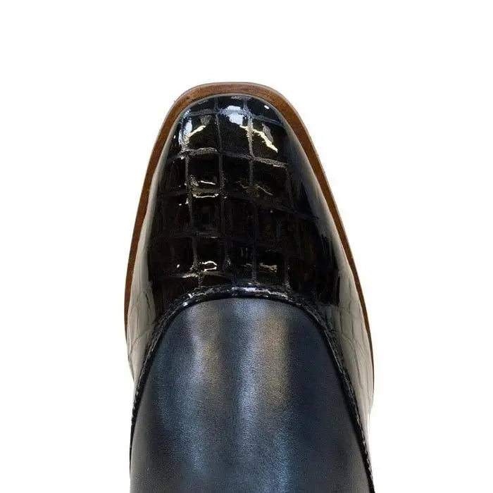 Black croc embossed patent leather riding boots blue with brown sole from bareback footwear milan long dress line