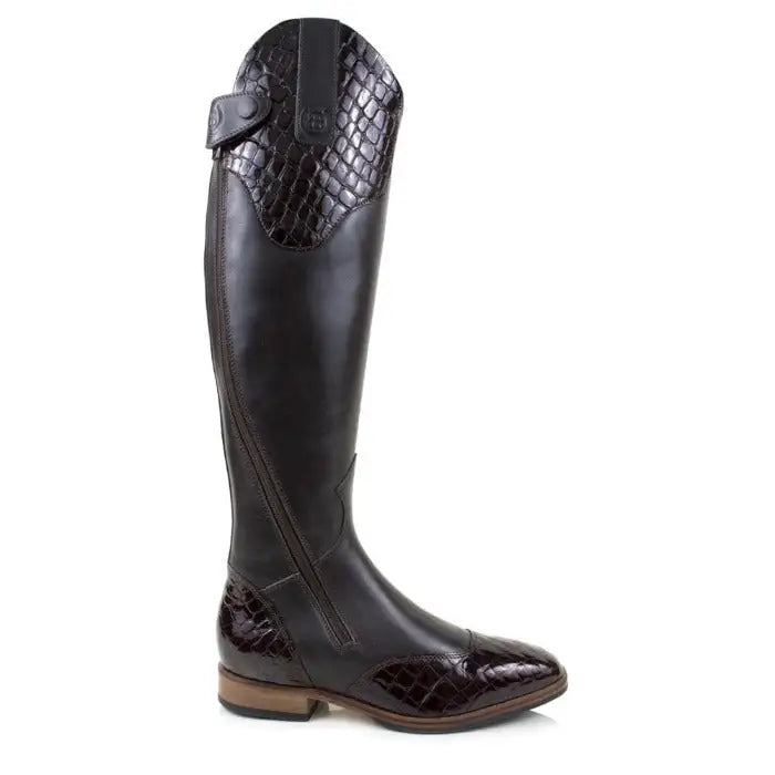 Black riding boot with crocodile-embossed leather accents from bareback footwear milan long dress riding boots brown