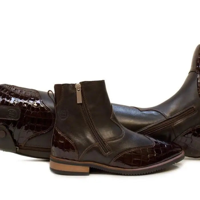 Dark brown patent leather milan long dress riding boots brown with crocodile-embossed toe and heel from bareback footwear milan