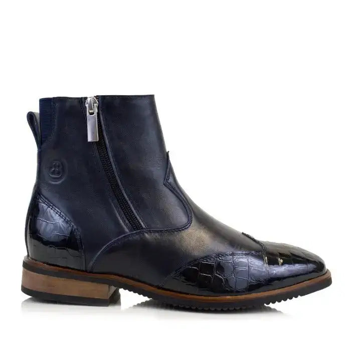 Bareback footwear monroe blue short boot in dark blue croc-embossed leather with silver zipper and crocodile detailing vibram sole
