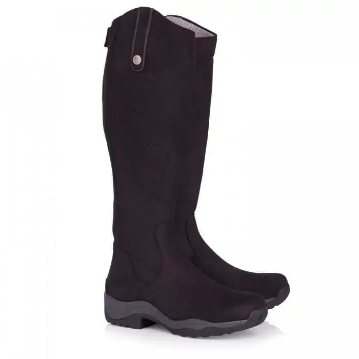 Bareback footwear montana black suede riding boots with silver button closure and dark gray rubber sole