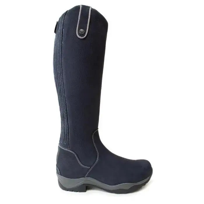 Dark navy blue montana riding boots with side zipper, gray stitching, wide calf footwear, and sheepskin insole