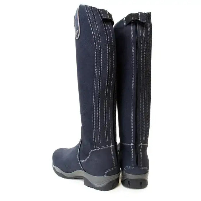 Navy blue suede montana riding boots with white stitching wide calf footwear and sheepskin insole black rubber soles
