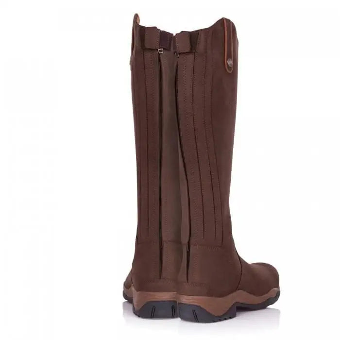 Brown suede montana riding boots with zipper closure and reinforced stitching from bareback footwear montana steel shank footwear