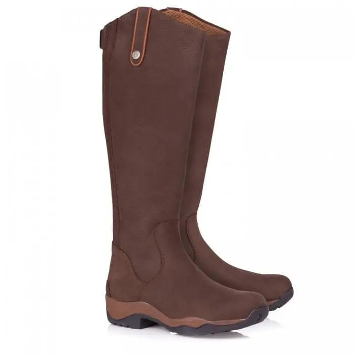 Brown suede montana riding boots with tan leather accents and sturdy rubber sole from bareback footwear montana steel shank footwear