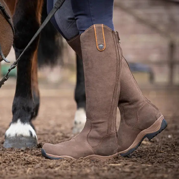 Brown suede bareback footwear montana riding boots with tan zipper pull and black rubber soles steel shank footwear