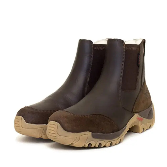 Brown leather and suede ankle boots with tan sole by bareback footwear ottawa featuring ottawa storm waterproof design