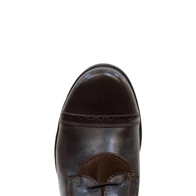 Dark brown leather cap toe phoenix long riding boots with polished finish and subtle brogue detailing by bareback footwear phoenix